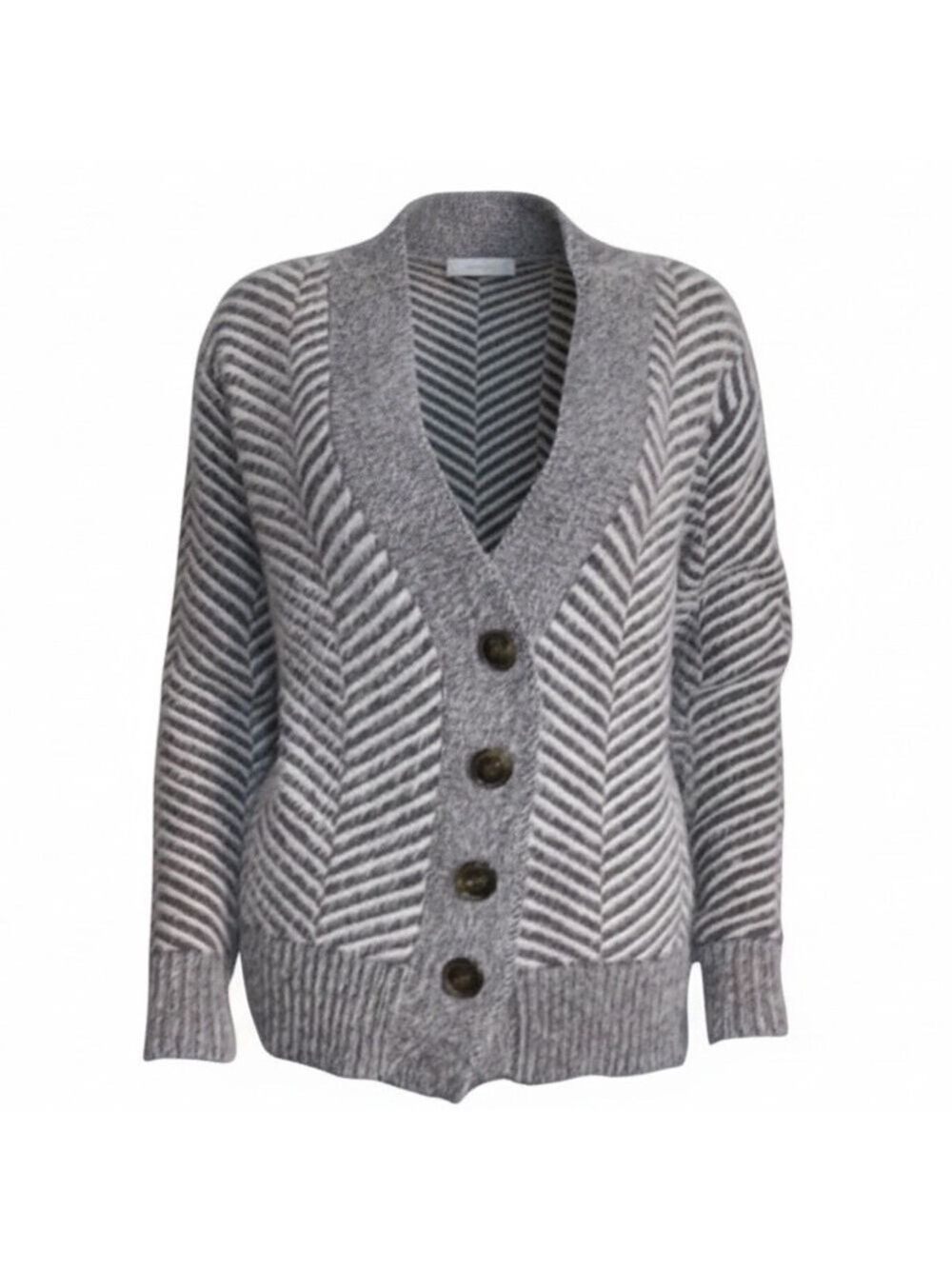 Fuzzy Chevron Herringbone Button-Up Cardigan V Neck Sweater Women's XS